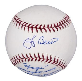 Yogi Berra and Don Larsen Dual Signed OML Selig Baseball with Long Inscription from Larsen (Beckett)